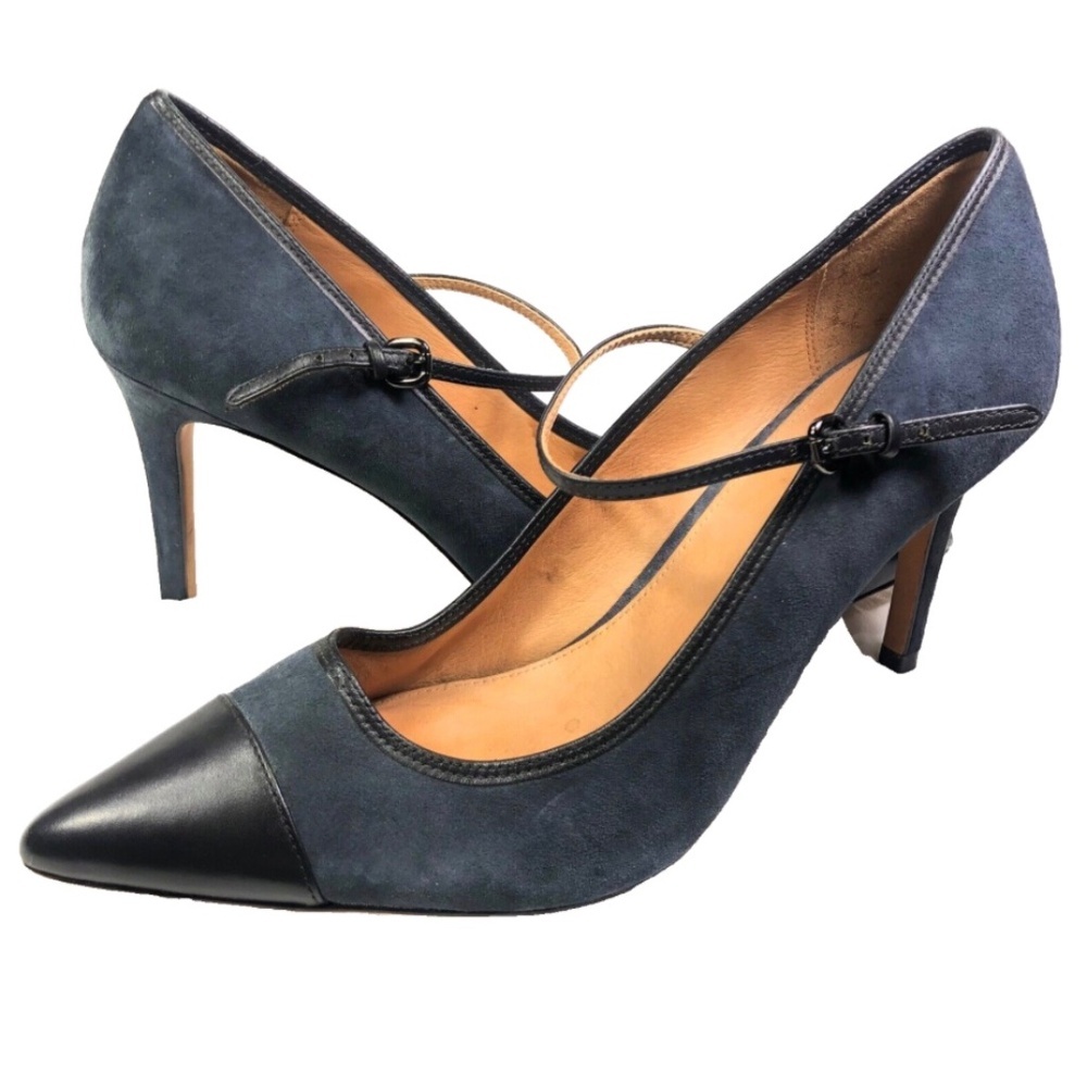 Coach Mary Jane Pump 10 Navy Suede Leather Blue Black Pointy Stiletto Heel Shoe